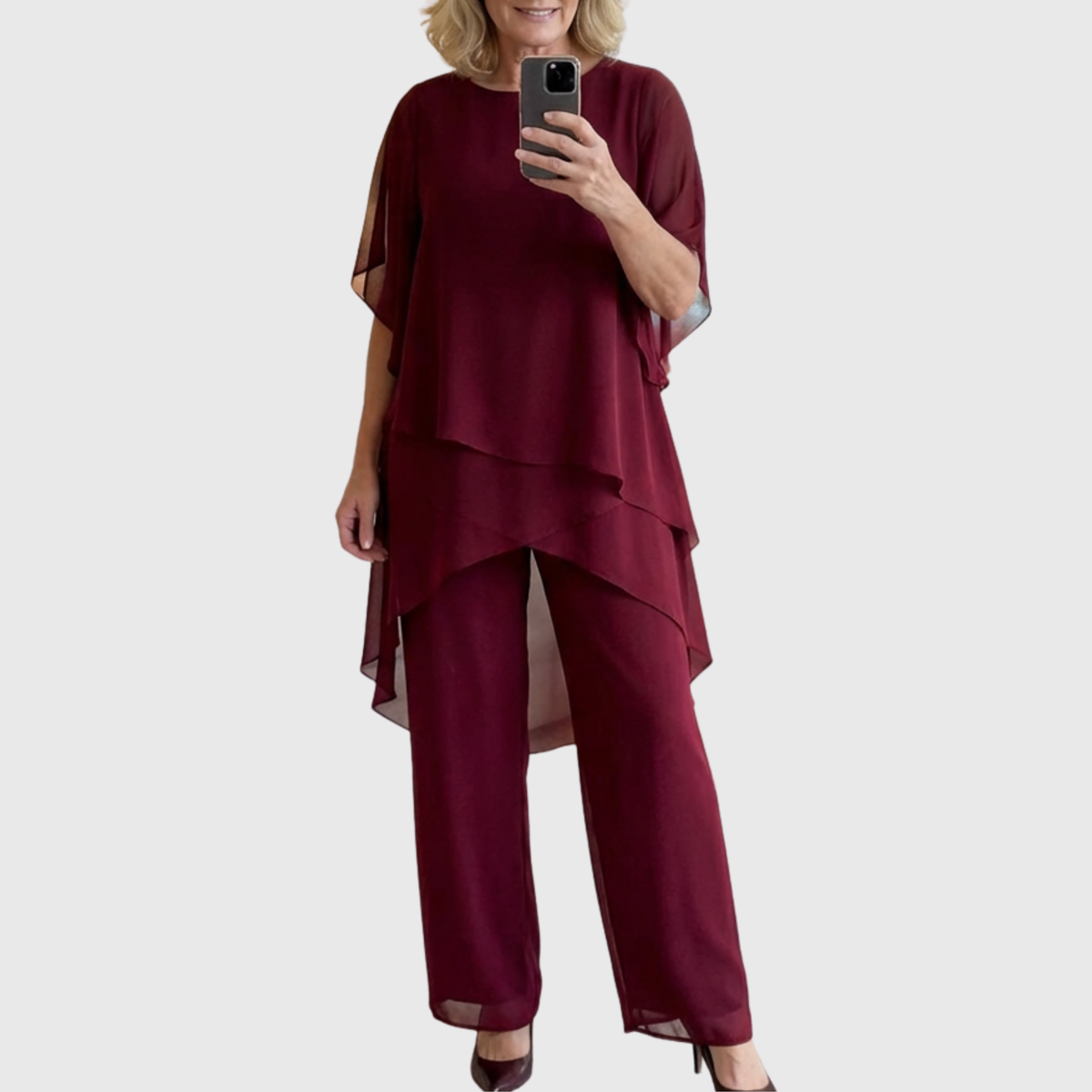 Conjunto palazzo de mulher com top drapeado e calças largas