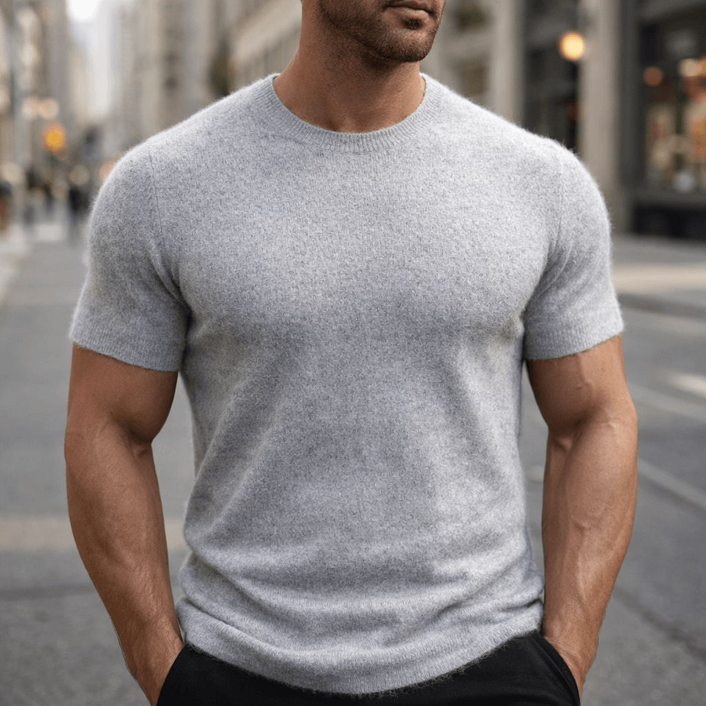 Camiseta de punto de hombre de manga corta y cuello redondo