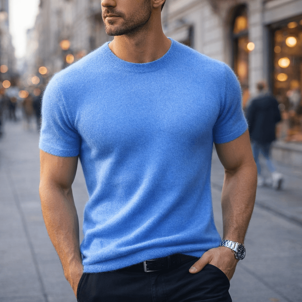 Camiseta de punto de hombre de manga corta y cuello redondo