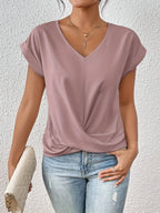 T-shirt donna con scollo a V, manica corta, nodo sul davanti