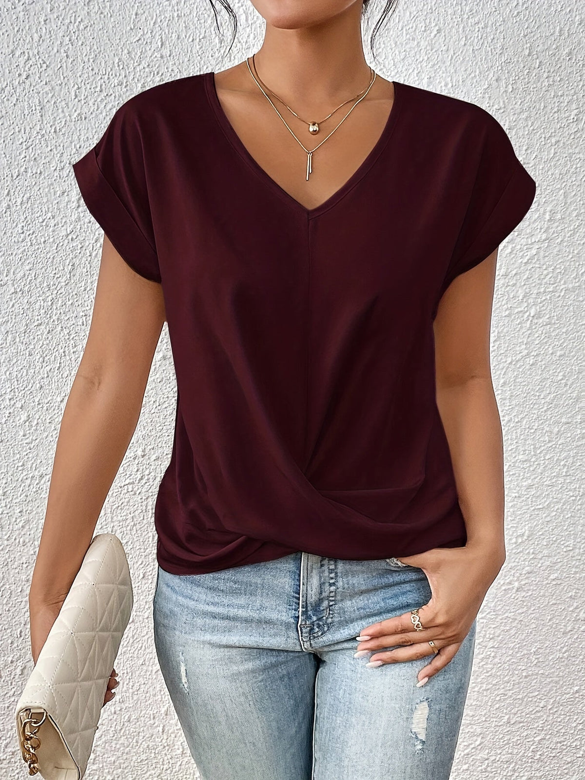 T-shirt donna con scollo a V, manica corta, nodo sul davanti
