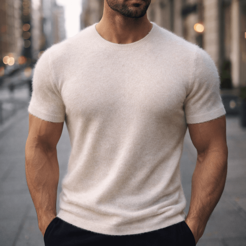 Camiseta de punto de hombre de manga corta y cuello redondo