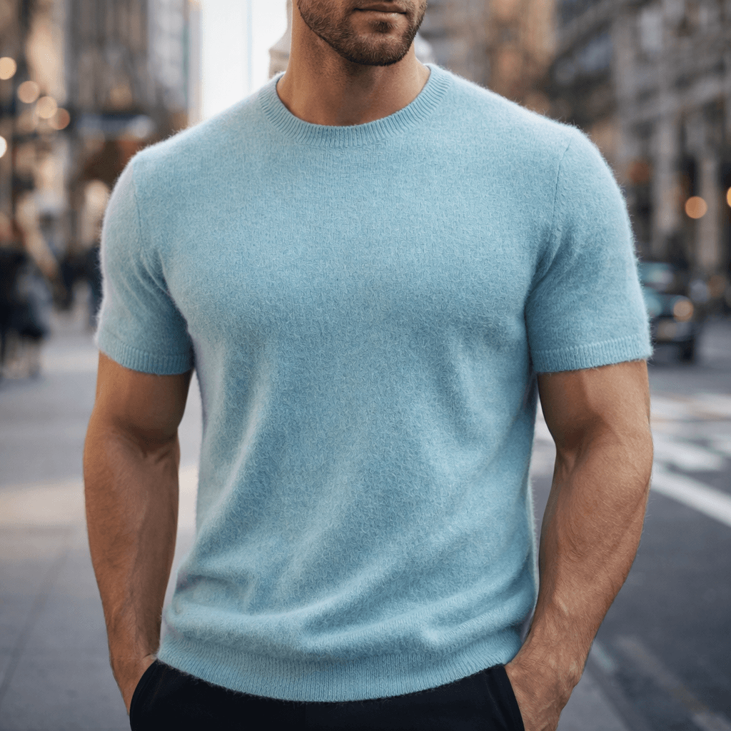 Camiseta de punto de hombre de manga corta y cuello redondo