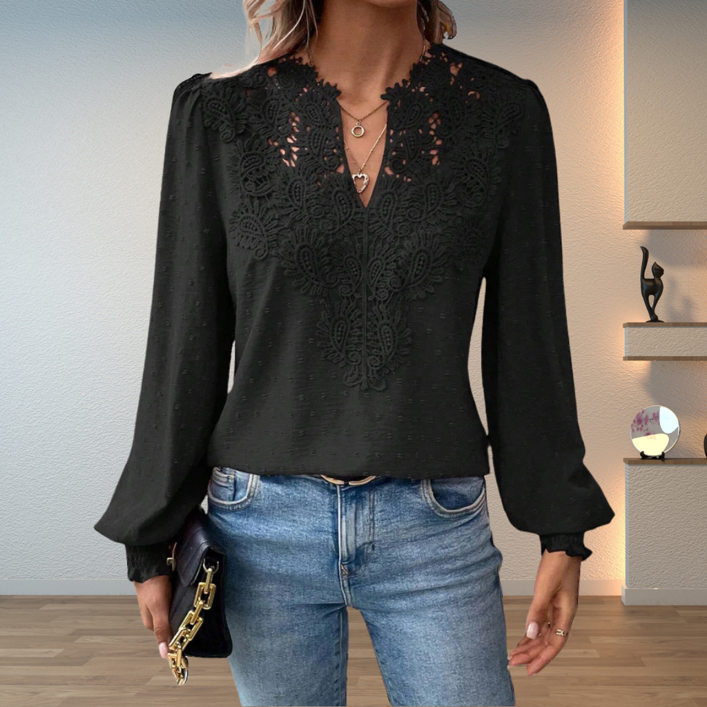 Blusa de renda de mulher com decote em V e mangas compridas