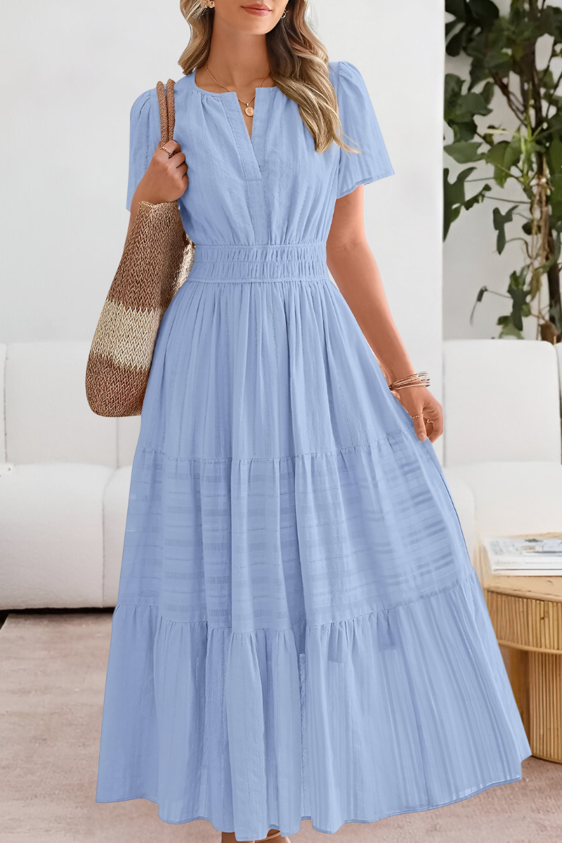 Vestito midi boho donna, vita arricciata, gonna a strati