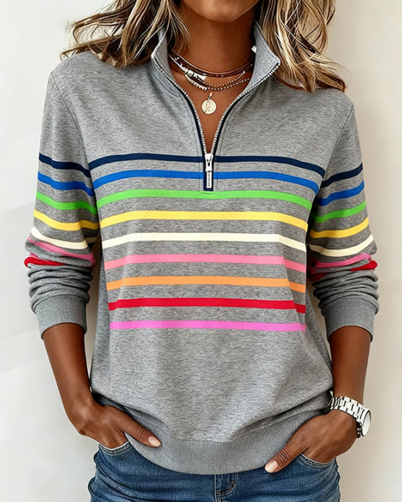 Stribet sweatshirt til damer med høj krave og lynlås