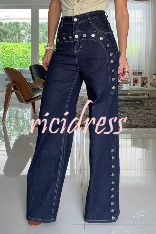 Jeans til damer med høj talje, vide ben og knapper