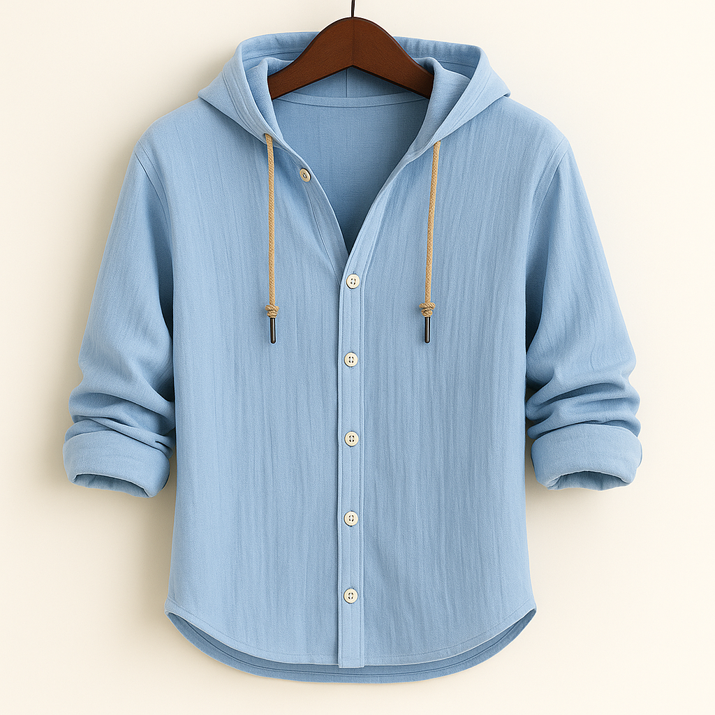 Camicia uomo con cappuccio, maniche lunghe e bottoni