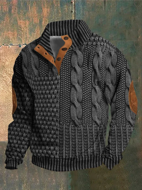Męski sweter dzianinowy ze wzorem warkoczowym, stójką i guzikami