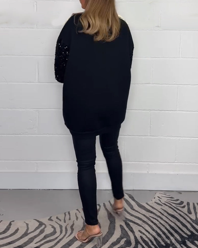 Sort sweatshirt til damer med dekorative ærmer med palietter