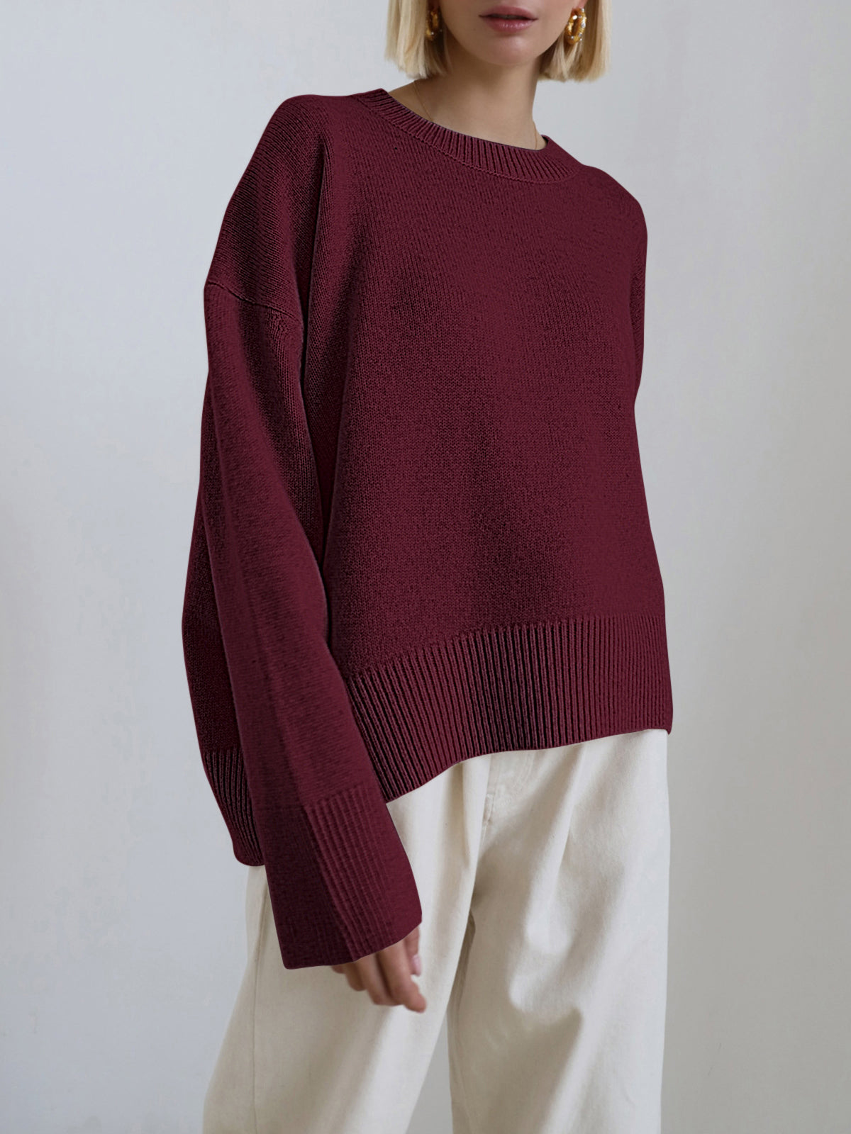 Pull oversize femme col rond, bords côtelés