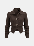 Pull court côtelé femme à petit col et boucles