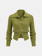 Pull court côtelé femme à petit col et boucles