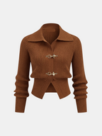 Pull court côtelé femme à petit col et boucles