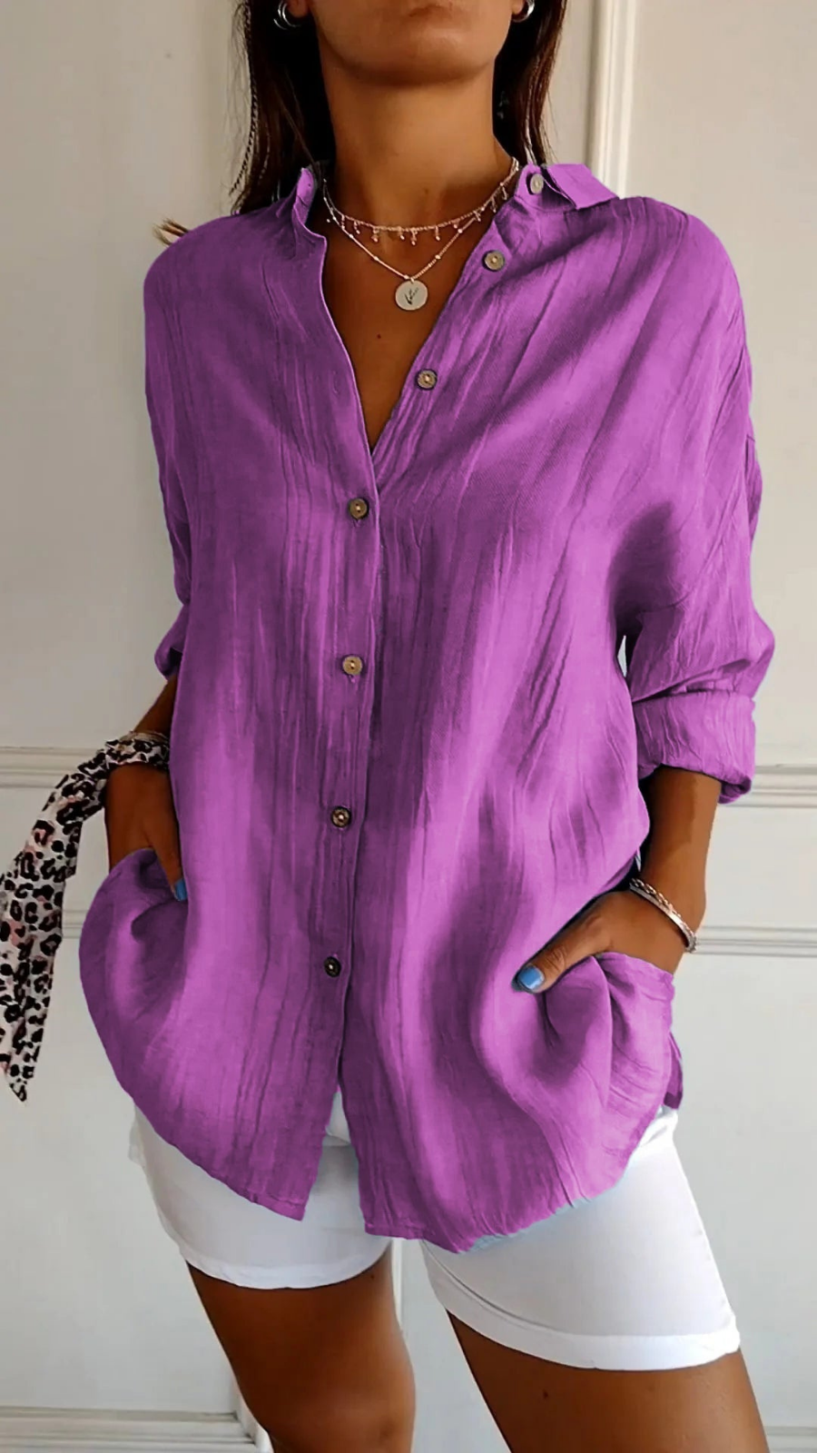 Camicia donna oversize con bottoni e colletto