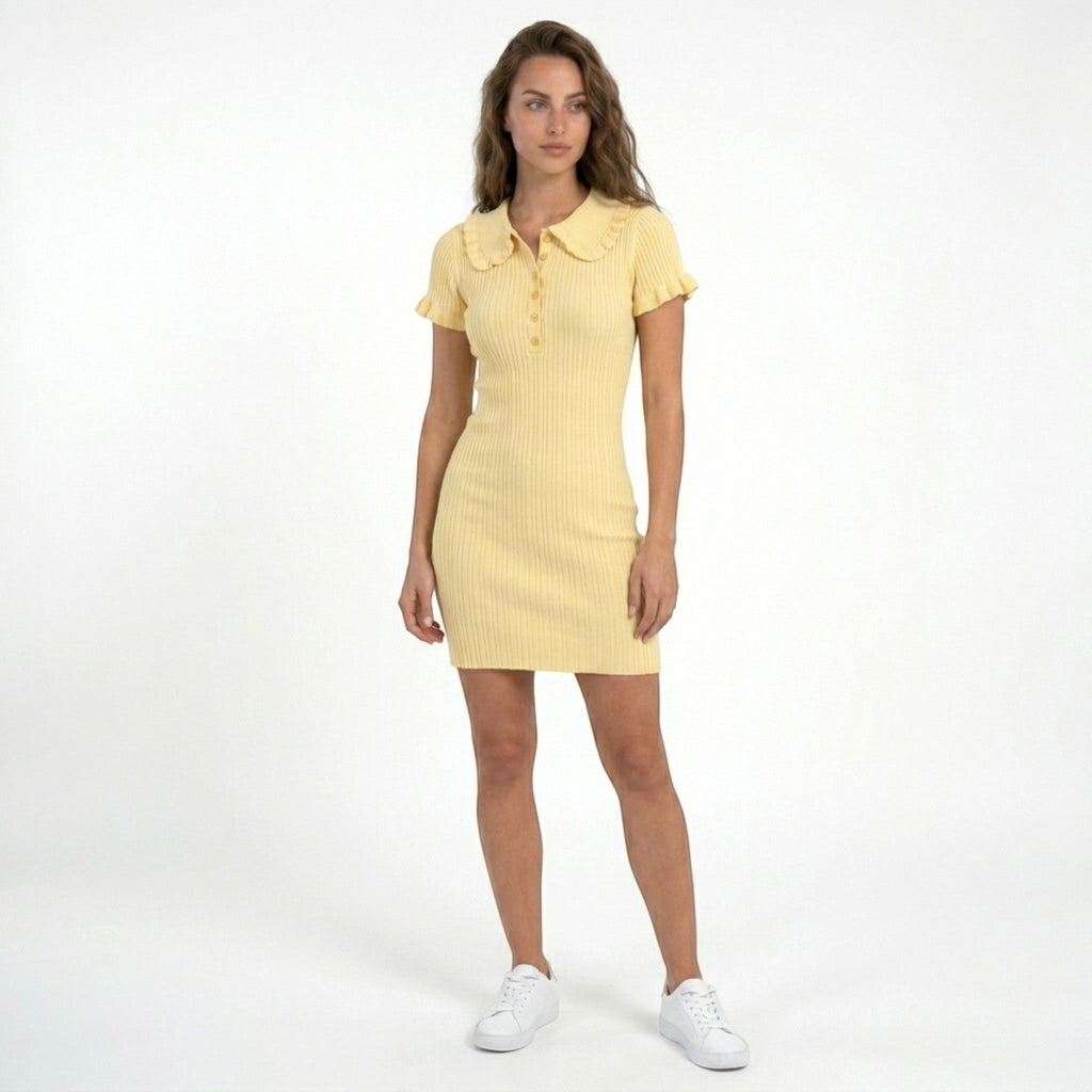Vestito donna mini in maglia a coste con colletto
