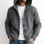 Strikket cardigan til mænd med hætte og knapper