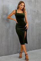 Vestito donna midi aderente con spacco, scollo quadrato