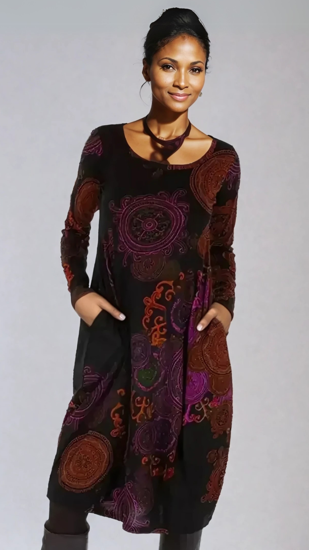Damska Sukienka Midi Boho — Długi Rękaw, Wzór, Zwiewna, Letnia