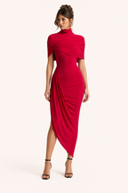Vestido midi justo de mulher com gola alta e drapeados