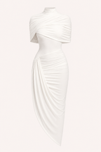 Vestido midi justo de mulher com gola alta e drapeados