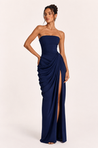 Abito lungo donna senza spalline con spacco