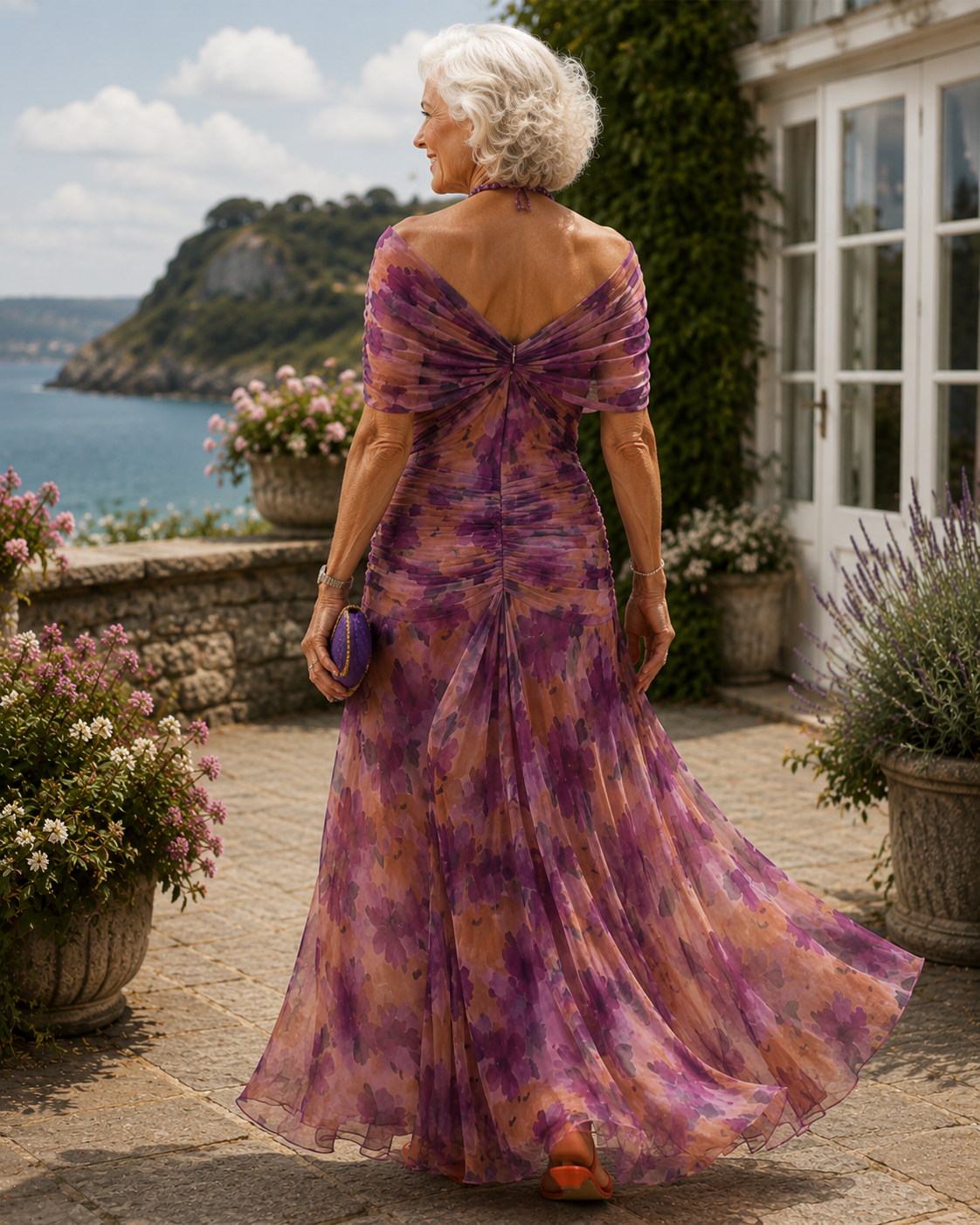 Damska Sukienka Maxi z Plisowaną Talią — Dekolt V, Zwiewna Wieczorowa