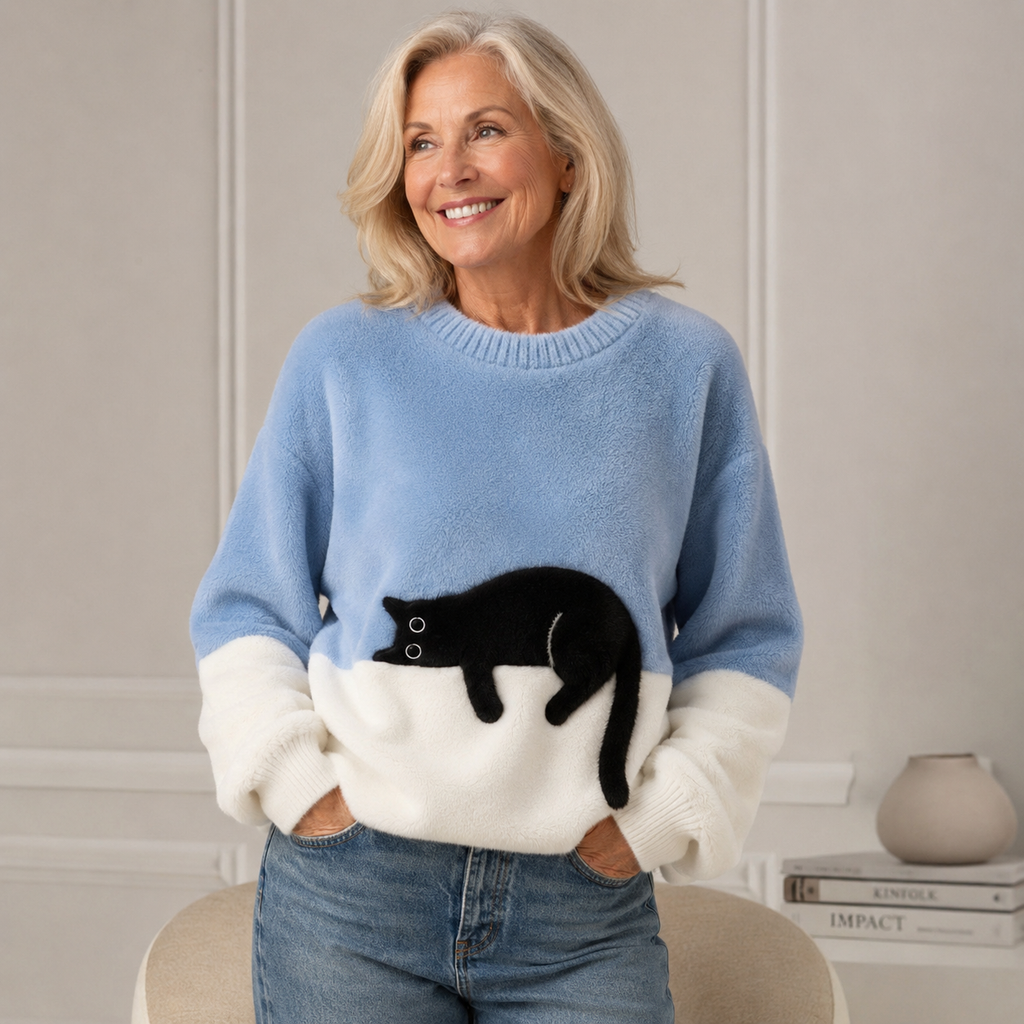 Damski sweter oversize z kontrastowym wzorem i czarnym motywem kota