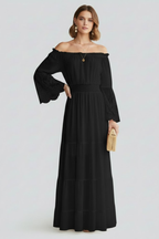 Robe maxi femme épaules dénudées manches en dentelle