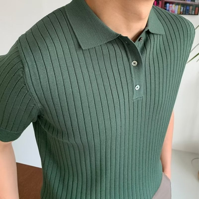 Ribstrikket poloshirt til mænd med korte ærmer