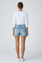 Women's Denim Shorts With Distressed Details and Decorative Fringe