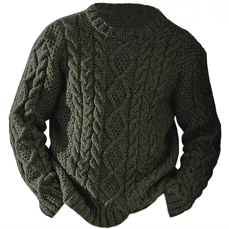 Męski sweter z okrągłym dekoltem i wypukłym warkoczowym wzorem