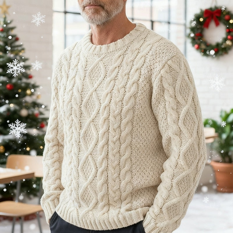 Męski sweter z okrągłym dekoltem i wypukłym warkoczowym wzorem
