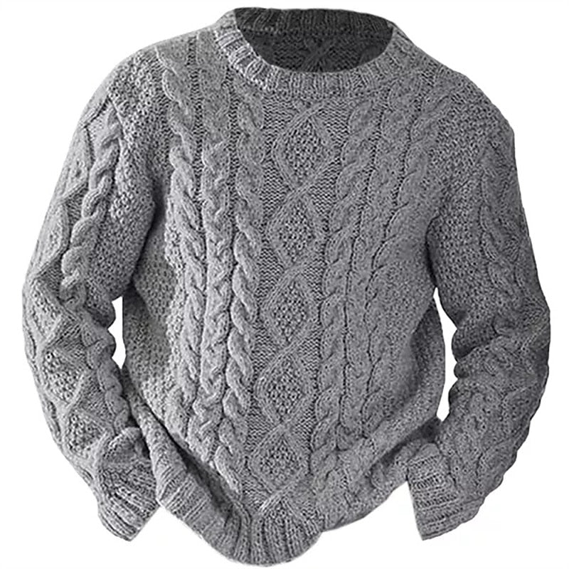 Męski sweter z okrągłym dekoltem i wypukłym warkoczowym wzorem