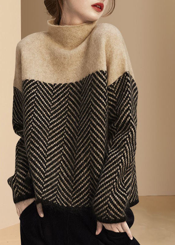Maglione donna a collo alto con motivo spigato, maniche lunghe