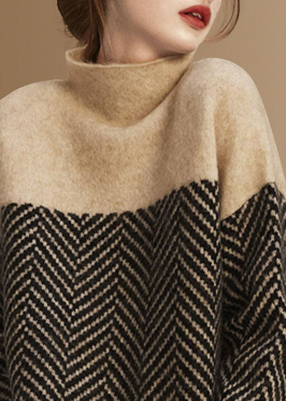 Maglione donna a collo alto con motivo spigato, maniche lunghe