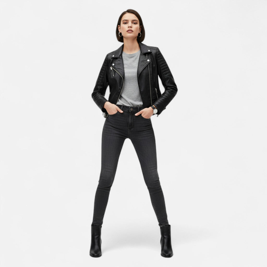 Giubbotto biker donna nero con maniche trapuntate