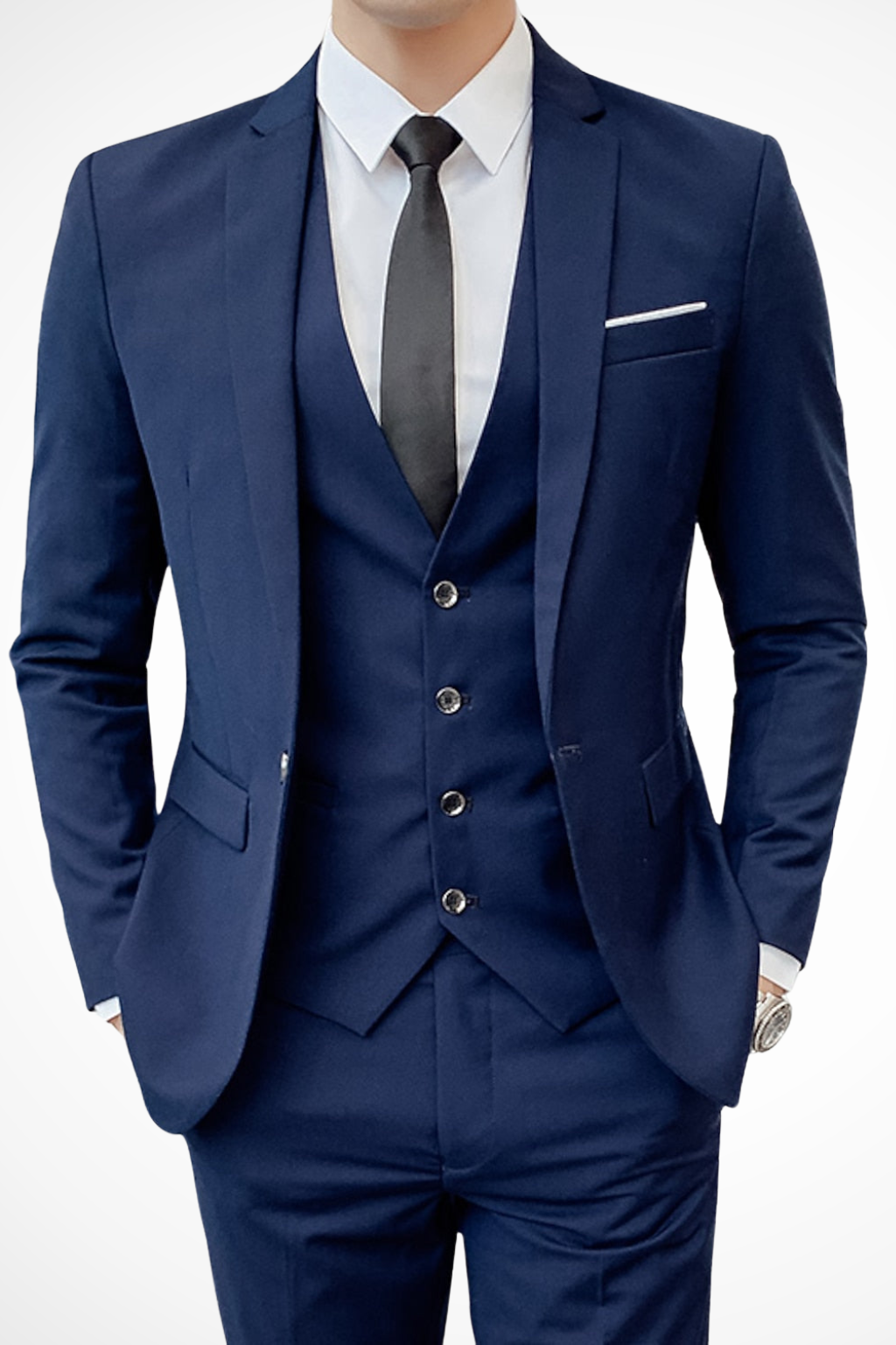 Męski trzyczęściowy garnitur slim z marynarką, kamizelką i długimi spodniami