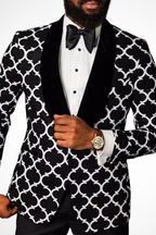 Blazer de homem com padrão geométrico, preto, com lapelas de veludo