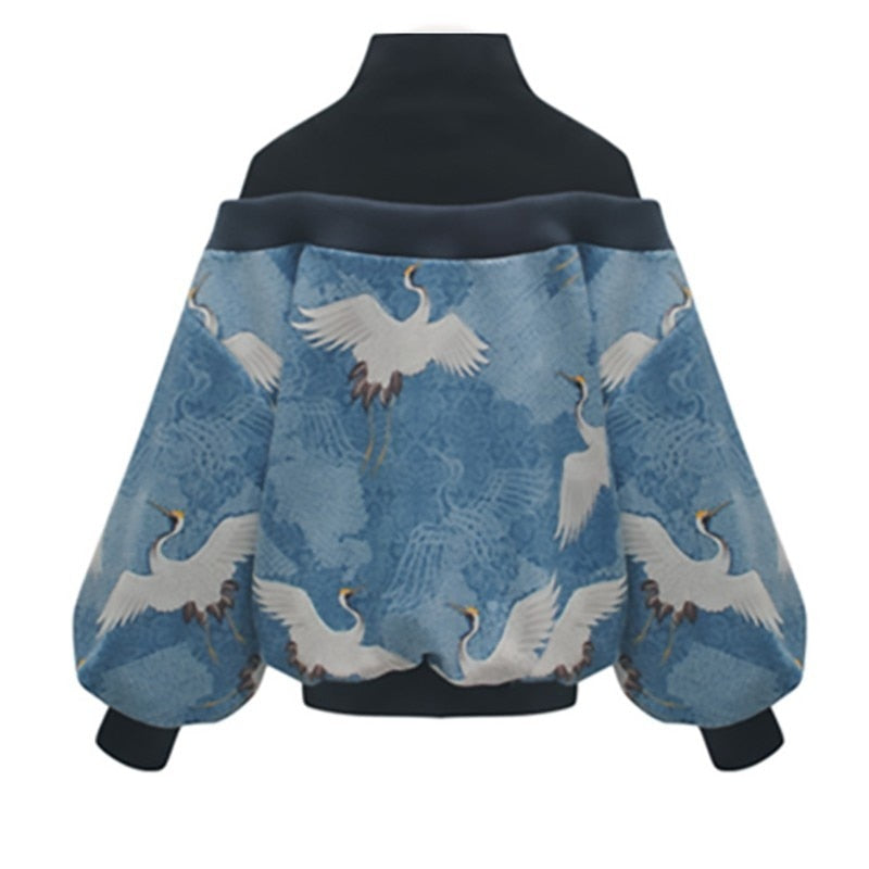 Sweater til damer med tranemønster og puffede ærmer