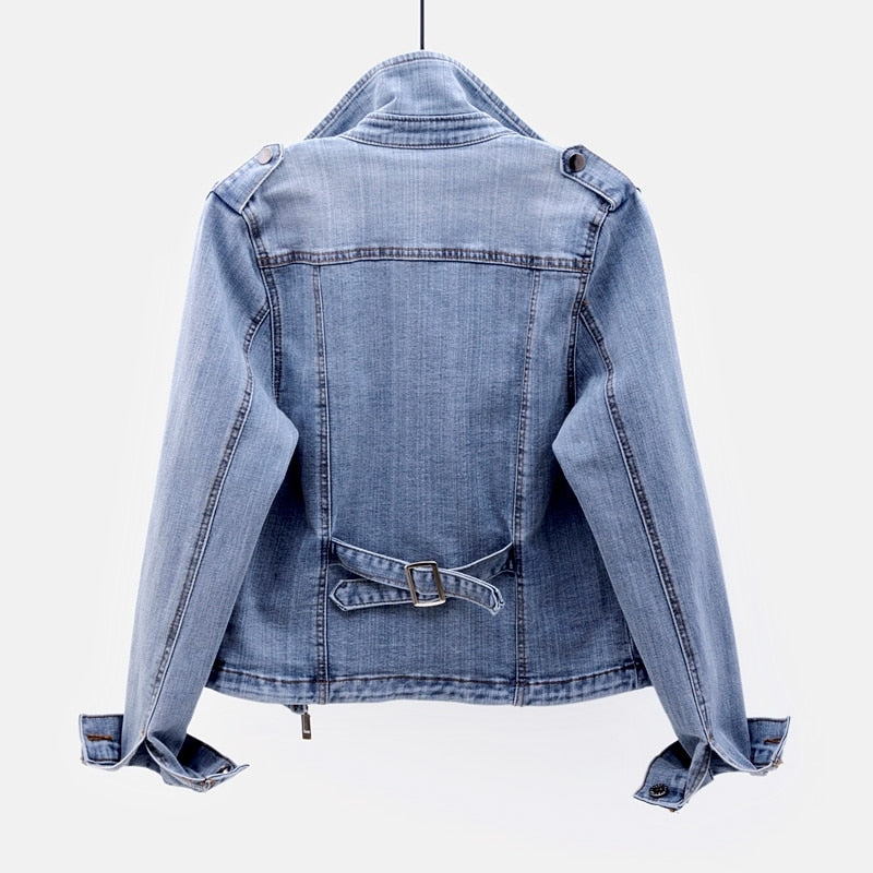 Geacă biker din denim, de damă, cu revere și fermoare