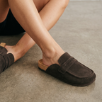 Mocassins mules de mulher com sola plana, castanhos
