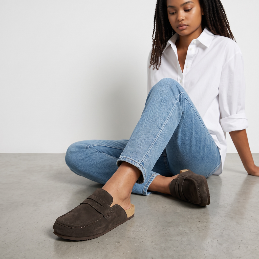 Mocassins mules de mulher com sola plana, castanhos