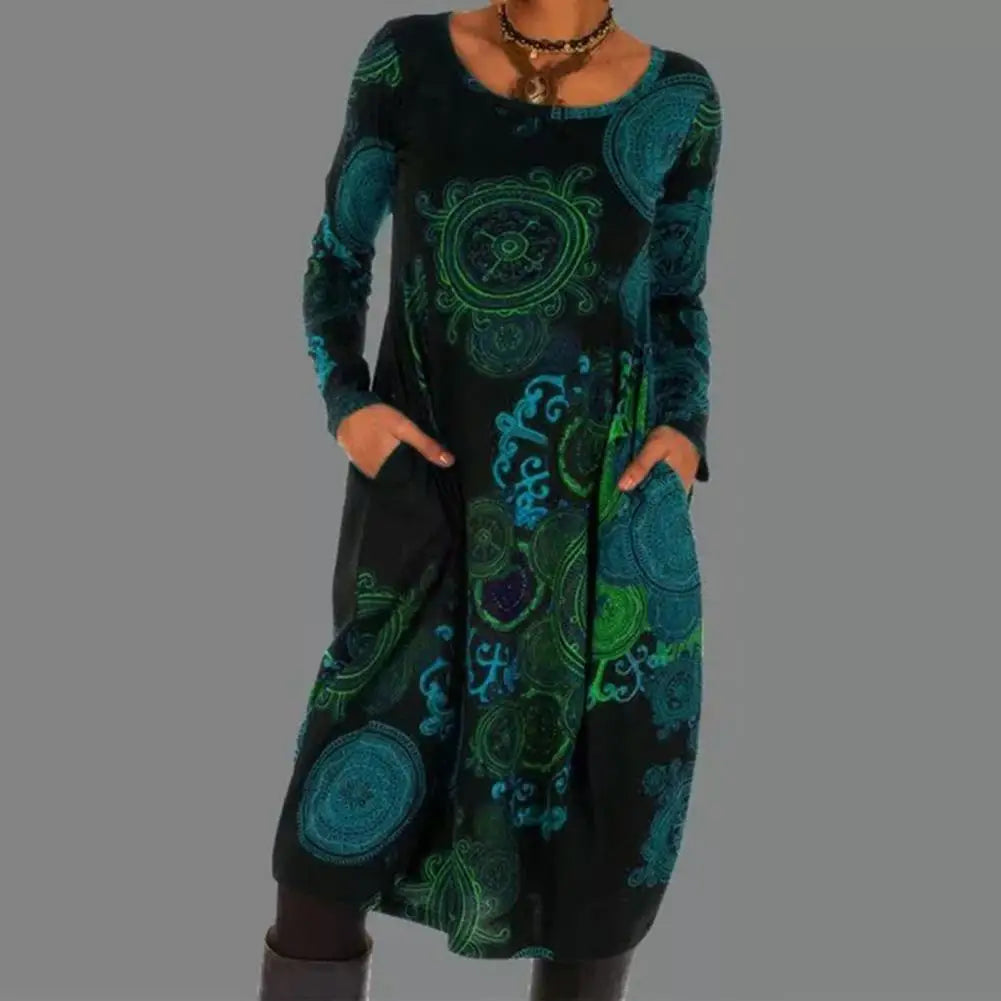 Damska Sukienka Midi Boho — Długi Rękaw, Wzór, Zwiewna, Letnia