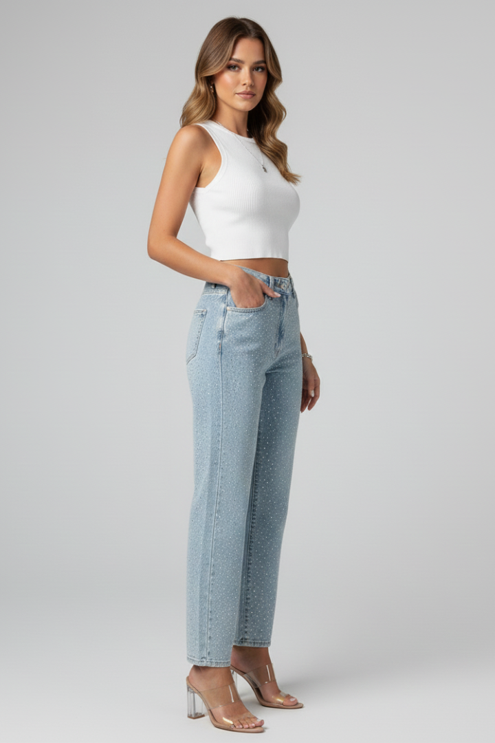 Jeans til damer med høj talje og blank overflade