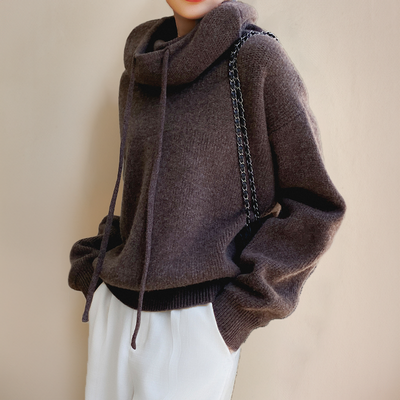 Sweat à capuche en maille femme avec col cheminée