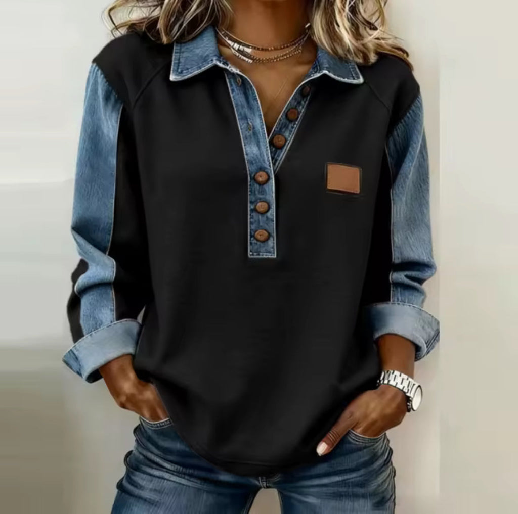Sweatshirt til damer med denimkrave og knapper