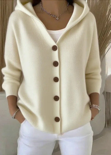 Cardigan femme à capuche et boutons, en maille, manches longues