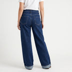 Mørkeblå jeans til damer med høj talje og vide ben