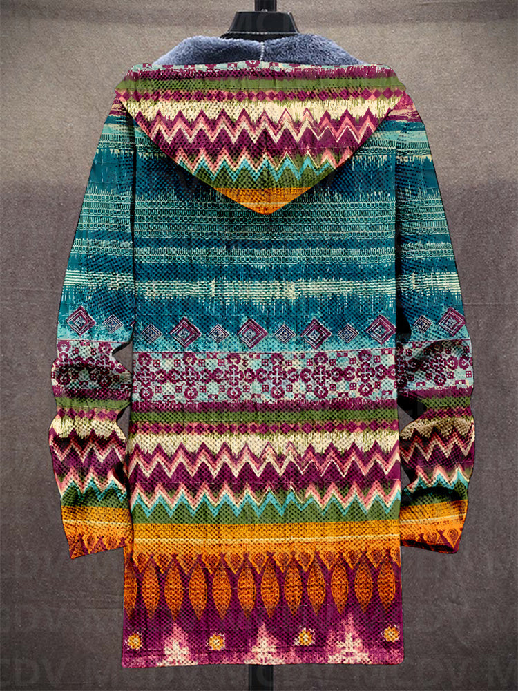 Wielokolorowa bluza z kapturem, zamkiem i geometrycznym wzorem